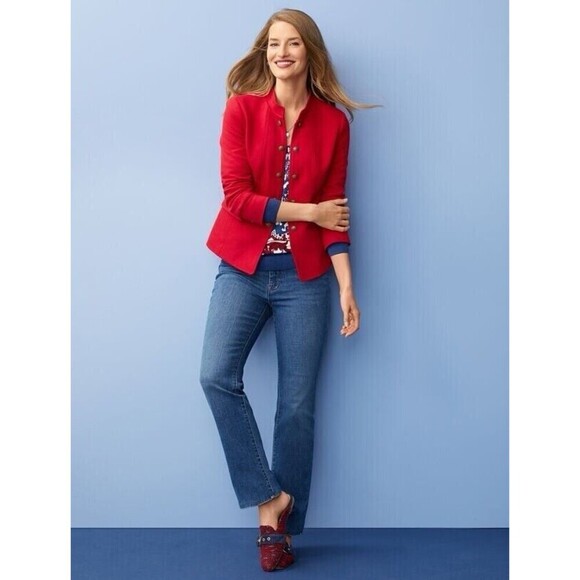 Talbots Red Jacket Military Style Cotton Blend Crest Buttons Coat Twill Petite 4 - Picture 1 of 9